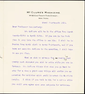 Cather, Willa Sibert, 1873-1947 typed letter signed to Hugo Münsterberg, New York, 14 March 1910