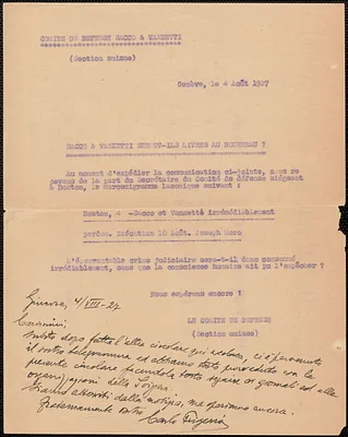 Carlo Frigerio autograph note signed, in Italian, to Sacco-Vanzetti Defense Committee, Geneva, Switz., August 4, 1927