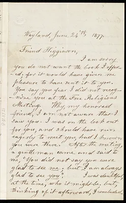Letter from Lydia Maria Child, Wayland, to Thomas Wentworth Higginson, June 24'th, 1877