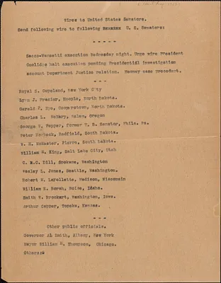 Sacco-Vanzetti Defense Committee telegram (draft) to U. S. Senators, et al., Boston, Mass., approximately [August 8, 1927]