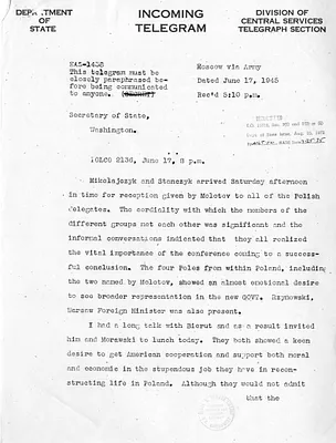 Telegram from Averell Harriman to Secrertary of State Edward Stettinius
