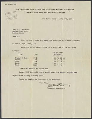 Sacco-Vanzetti Case Records, 1920-1928. Defense Papers. Railway Company to J.J. McAnarney, June 27, 1921. Box 4, Folder 14, Harvard Law School Library, Historical & Special Collections