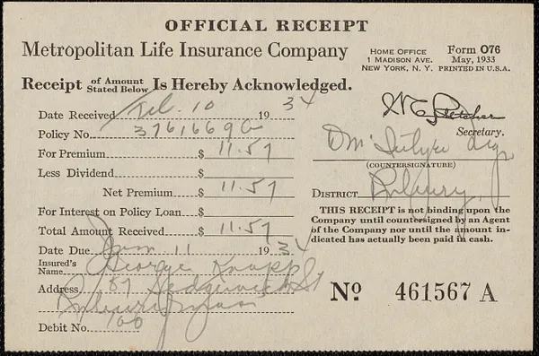 Receipt from Metropolitan Life Insurance Company for George Knapp, January 11, 1934