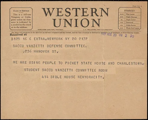 Student Sacco-Vanzetti Committee telegram to Sacco-Vanzetti Defense Committee, New York, N.Y., August 20, 1927
