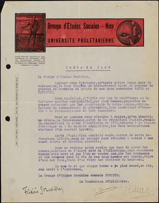 Frédéric Stackelberg (Groupe d'Études Sociales. Nice) typed letter signed (circular), in French, Nice, France, [May 1927?]