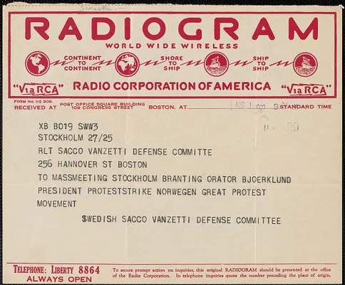 Svenska Sacco-Vanzetti Försvarskommitten. telegram to Sacco-Vanzetti Defense Committee, Stockholm, Sweden, August 1, 1927
