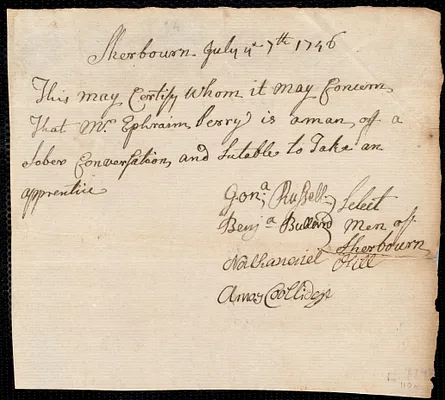 Thomas Barnett indentured to apprentice with Ephraim Perry of Sherborn, 25 July 1746
