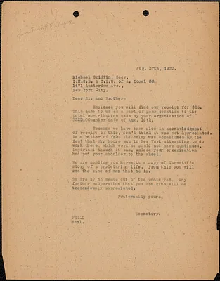 Frank R. Lopez (Sacco-Vanzetti Defense Committee) typed letter (copy) to Michael Griffin (International Hod Carriers', Building and Common Laborers' of America, Local 33), Boston, Mass., August 27, 1923