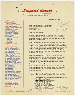 Letter, Bette Davis and Roddy McDowall to Franklin Roosevelt