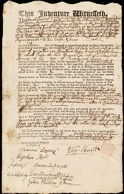 Jeremiah Field [Feild] indentured to apprentice with Alexander Hunt of Boston, 4 January 1748