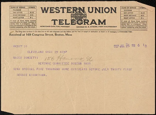 Bessie Kimmelman (Sacco-Vanzetti Defense Committee, Cleveland) telegram to Sacco-Vanzetti Defense Committee, Cleveland, Ohio, July 23, 1927