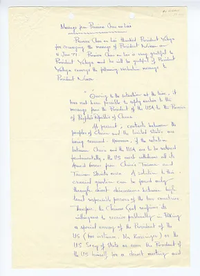 Exchanges leading up to HAK trip to China December 1969-July 1971