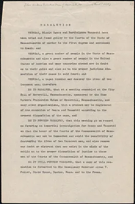 Shoe Workers Protective Union of Haverhill, Massachusetts typed resolution to Alvan T. Fuller, Haverhill, Mass., [April? 1927]