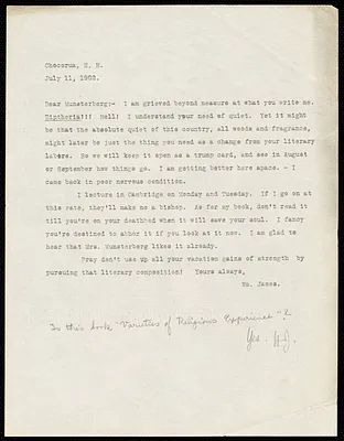 James, William, 1842-1910 typed letter signed to Hugo Münsterberg, Chocorua, N.H., 11 July 1902