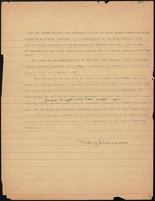 Mary Donovan typed letter signed, [Boston, Mass.], [May? 1927]
