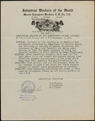 Lawrence J. Seco (Marine Transport Workers Local Union No. 510) typed letter signed to Sacco-Vanzetti Defense Committee, New Orleans, La., December 2, 1926