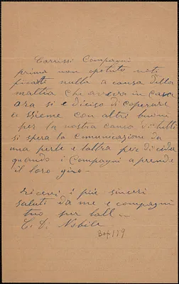 C. Di Nobile autograph note signed, in Italian, to [Sacco-Vanzetti Defense Committee], approximately [1921-1927]