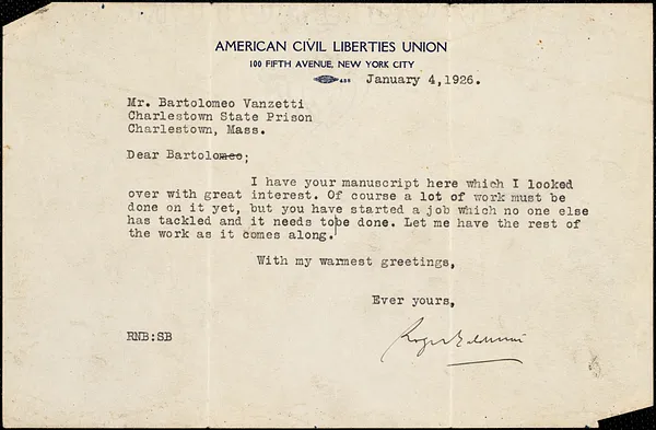 Roger N. Baldwin typed note signed to Bartolomeo Vanzetti, New York, 4 January 1926