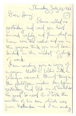 Letter from Mary Jane Truman to Harry S. Truman