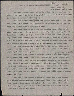 Charles Ferguson typed document draft, New York, N. Y., [1927?]: What's the Matter With Massachusetts?