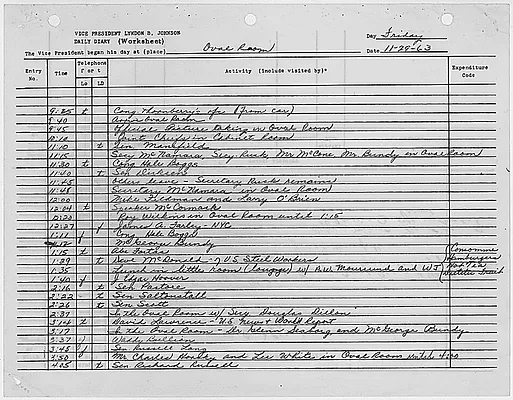 President's Daily Diary Entry, November 29, 1963