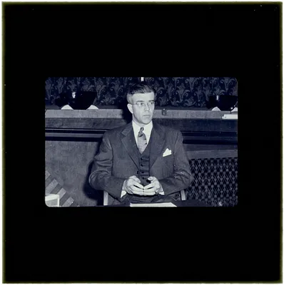 Robert E. Barrett at War Memorial during FPC hearing 1948