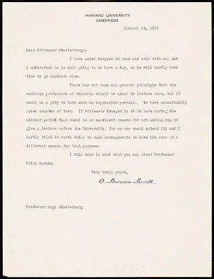 Lowell, A. Lawrence (Abbott Lawrence), 1856-1943 typed letter signed to Hugo Münsterberg, Cambridge, Mass., 14 January 1913