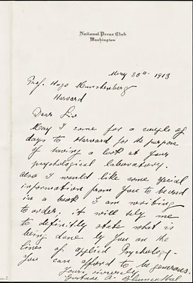 Blumenthal, Gustave Adolph, 1867- autograph letter signed to Hugo Münsterberg, Washington, 30 May 1913