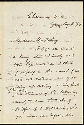 James, William, 1842-1910 autograph letter signed to Hugo Münsterberg, Chocorua, N.H., 2 August 1894