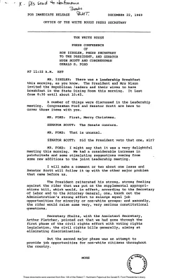 White House - Congressional Leadership Meeting, 12/22/69 (includes draft Ford statement)