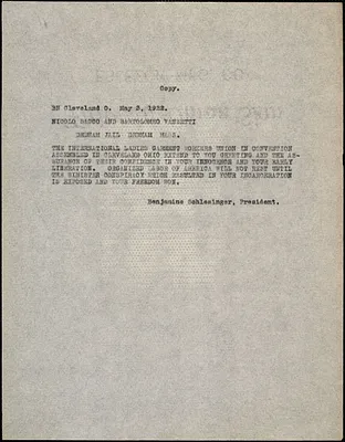 Benjamin Schlesinger telegram (copy) to Nicola Sacco and Bartolomeo Vanzetti, Cleveland, 3 May 1922