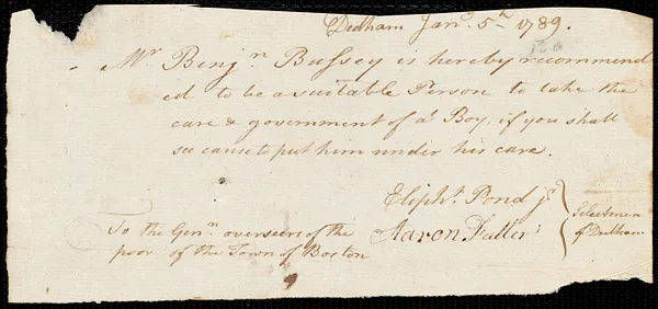 James White indentured to apprentice with Benjamin Bussey of Dedham, 8 January 1789