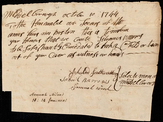 Hannah Hiland indentured to apprentice with Sylvanus Barrows of Middleboro, 7 November 1744