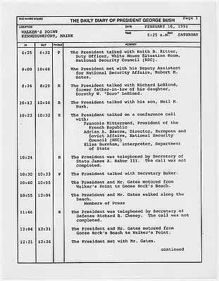 President's Daily Diary Entry, February 16, 1991
