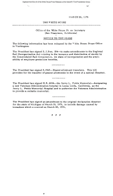 Summary of Information Released by White House Press Office on Signing of S.J. 184, S. 1545, H.R. 4034, and an Amendment to the Original Disaster Declaration for State of Michigan [Signing Statements and Announcements]