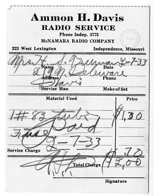 Receipt, Ammon H. Davis Radio Service, Independence, Missouri