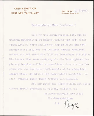 Bryk, Siegfried, fl. 1913 typed letter signed to Hugo Münsterberg, Berlin, 10 September 1913