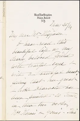 Sarah B. Shaw autograph note signed to Thomas Wentworth Higginson, Staten Island, N. Y., 25 May 1884