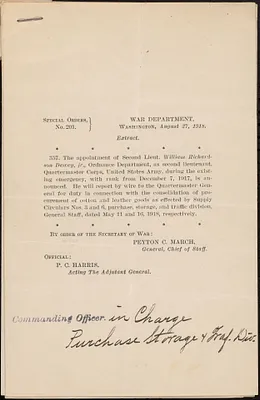 Special orders from War Department for William Richardson Dewey, Jr., 1918-01-07