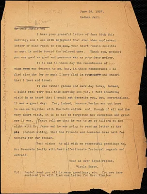 Nicola Sacco typed letter (copy) to "My Dear Auntie Be" [Elizabeth Glendower Evans], Dedham, 29 June 1927