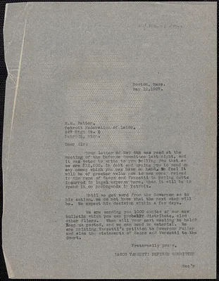 Sacco-Vanzetti Defense Committee typed letter (copy) to M. H. Patten (Detroit Federation of Labor), Boston, Mass., May 12, 1927