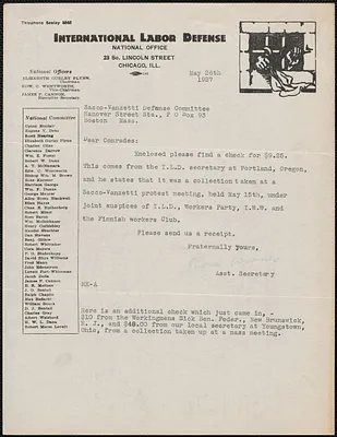 Rose Karsner (International Labor Defense) typed note signed to Sacco-Vanzetti Defense Committee, Chicago, Ill, May 26, 1927