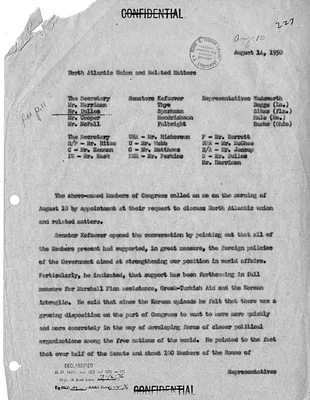 Memorandum of Conversation with Secretary of State Dean Acheson, Averell Harriman, John Foster Dulles, Mr. Cooper, Jack McFall, and Select Senators and Representatives
