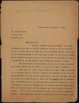 Frank Lopez (Sacco-Vanzetti Defense Committee) typed letter (copy), in Spanish, to Enrique Cerro (Centro Español de Socorros Mutuos ), Boston, Mass., December 14, 1920