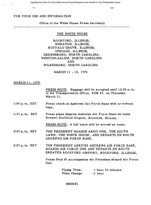 Rockford, Illinois, Wheaton, Illinois, Buffalo Grove, Illinois, Chicago, Illinois, Greensboro, North Carolina, Winston-Salem, North Carolina and Wilkesboro, North Carolina, March 11 - 13, 1976 [Schedule]