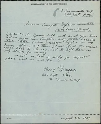 Harry Dragan autograph note signed to Sacco-Vanzetti Defense Committee, N. Tonawanda, N. Y., September 22, 1927