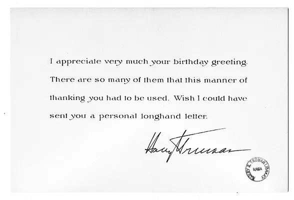 Card from Harry S. Truman to Edgar Hinde, Sr.