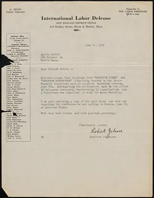 Robert Zelms (International Labor Defense) typed letter signed to Amleto Fabbri, Boston, Mass., June 11, 1926