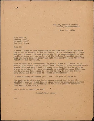 [Eugene Lyons] typed letter (copy) City Editor, The Evening Post, Boston, Mass., 22 November 1921