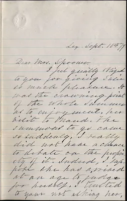C. Steams to Frona Spooner Sept. 10 1879 w/envelope